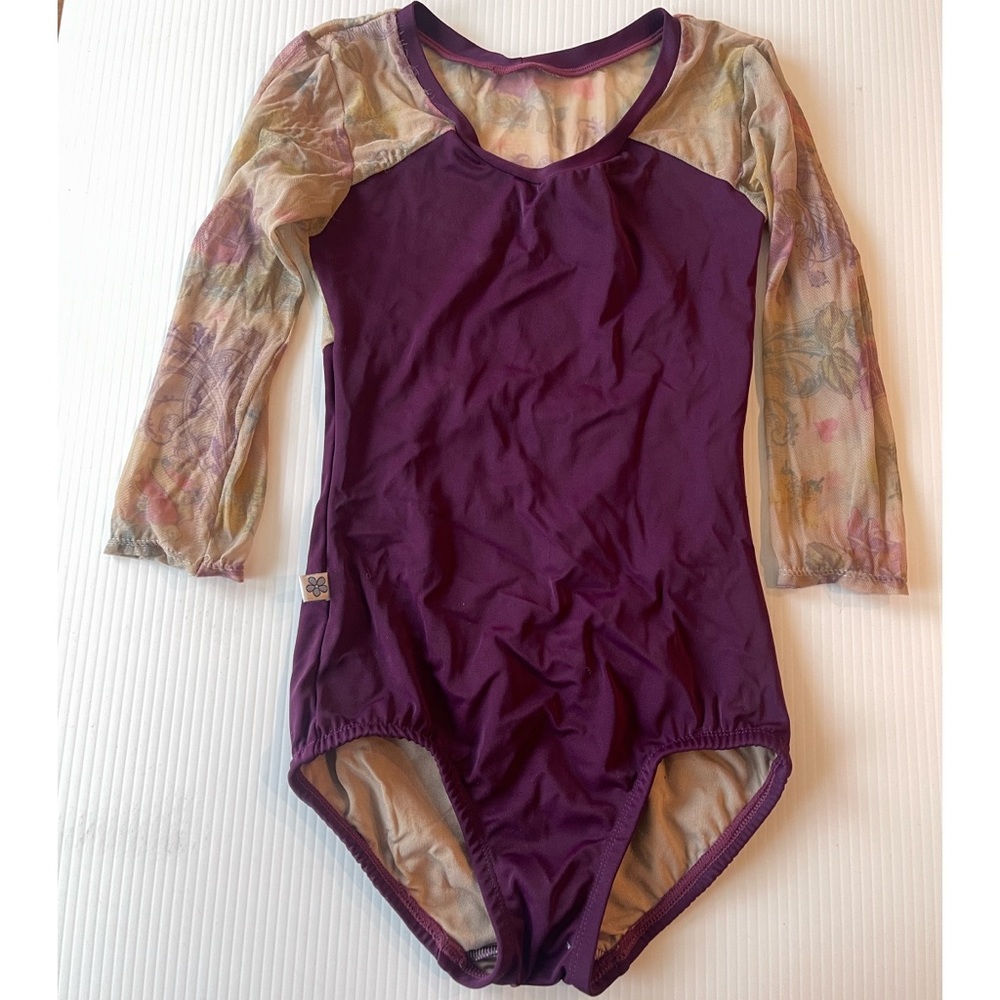 Purple leotard with patterned mesh sleeves